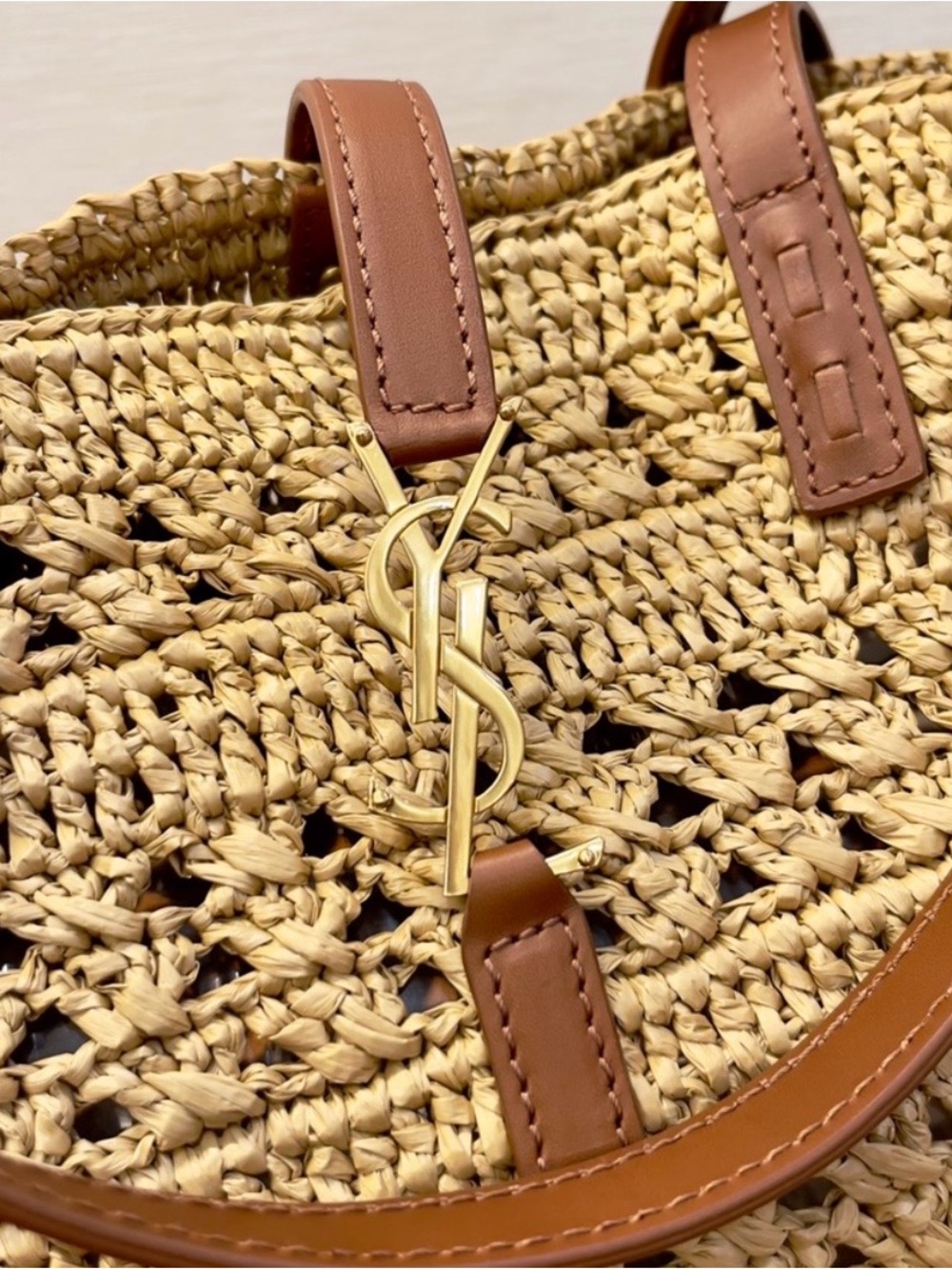 Saint Laurent Woven Straw Tote in Natural and Brown with Gold Hardware - Picture 5 of 8